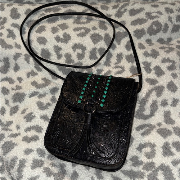 Black Embossed Crossbody Bag Southwest Western Boho Style with Turquoise Accents - Picture 2 of 5
